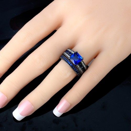 Zircon Cubique Bleu Avec Bague De Mariage Noire Pour Femme Asscher Cut Avec Argent Sterling 925