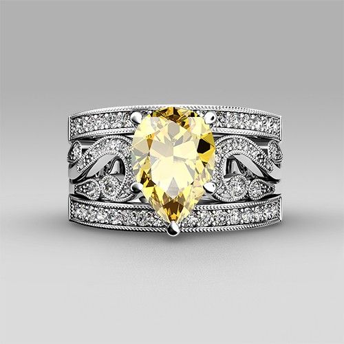 Zircon Cubique Jaune Avec Bague De Mariage Pour Femme En Argent Sterling 925 Taille Poire