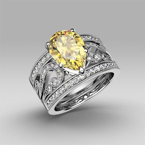 Zircon Cubique Jaune Avec Bague De Mariage Pour Femme En Argent Sterling 925 Taille Poire