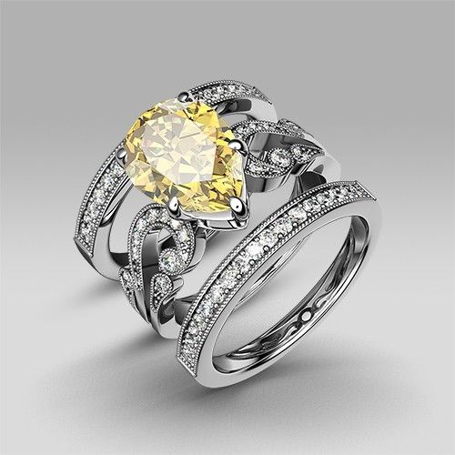 Zircon Cubique Jaune Avec Bague De Mariage Pour Femme En Argent Sterling 925 Taille Poire