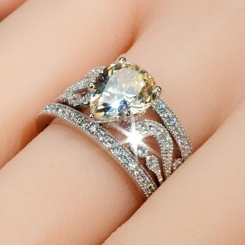 Zircon Cubique Jaune Avec Bague De Mariage Pour Femme En Argent Sterling 925 Taille Poire