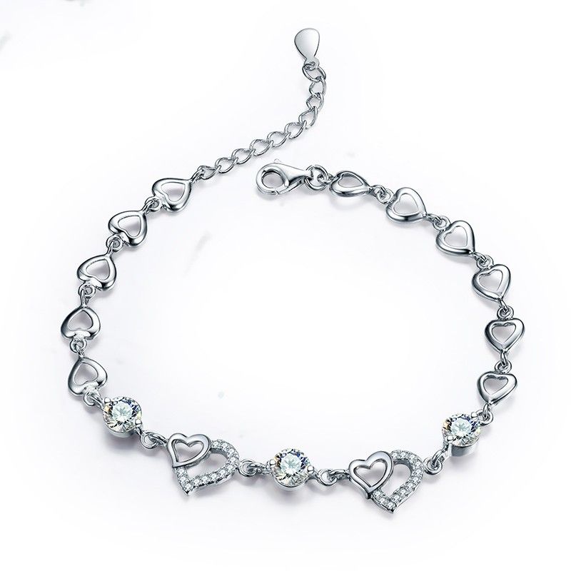 Bracelet En Argent Sterling 925 En Forme De Coeur Incrusté De Mode Romantique