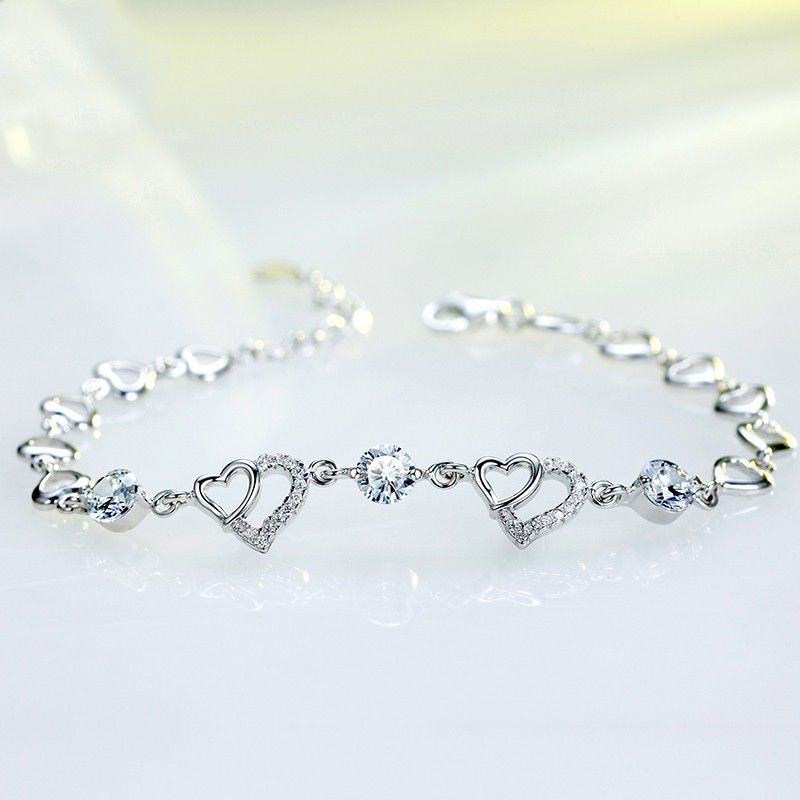 Bracelet En Argent Sterling 925 En Forme De Coeur Incrusté De Mode Romantique