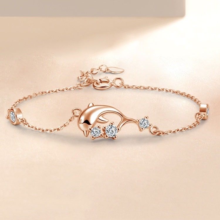 Bracelet À Breloques Unique En Forme De Dauphin Rose Pour Femme En Or 18 Carats