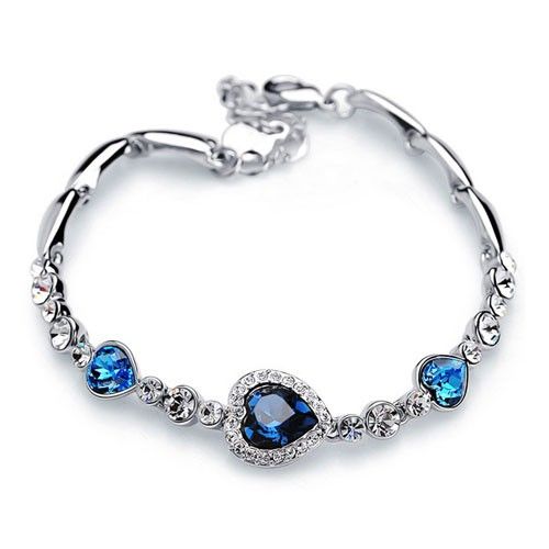 Bracelet En Cristal Coeur Bleu Plaqué Or 18 Carats Pour Femme