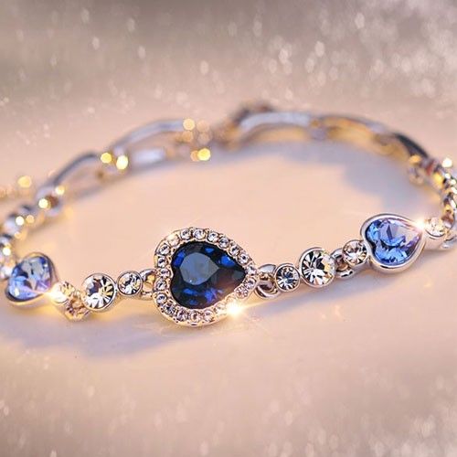 Bracelet En Cristal Coeur Bleu Plaqué Or 18 Carats Pour Femme