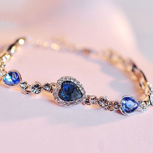 Bracelet En Cristal Coeur Bleu Plaqué Or 18 Carats Pour Femme