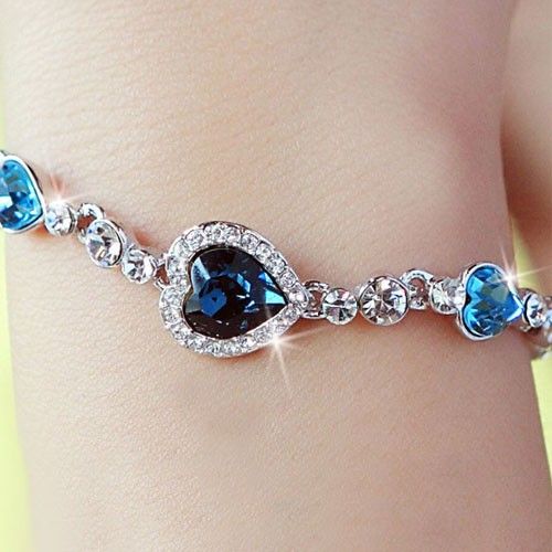 Bracelet En Cristal Coeur Bleu Plaqué Or 18 Carats Pour Femme