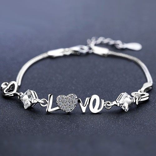 Bracelet Pour Femme En Argent Sterling 925 Avec Lettre D'amour En Cristal Violet