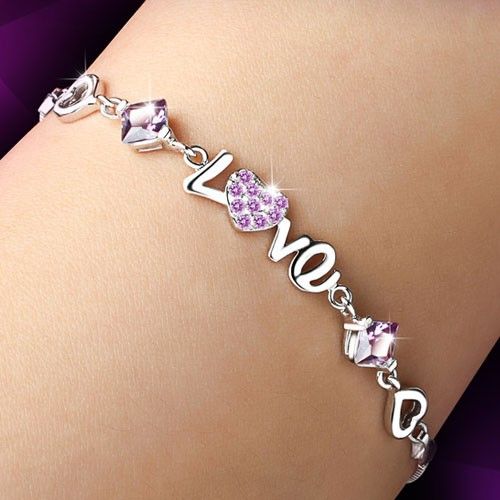 Bracelet Pour Femme En Argent Sterling 925 Avec Lettre D'amour En Cristal Violet