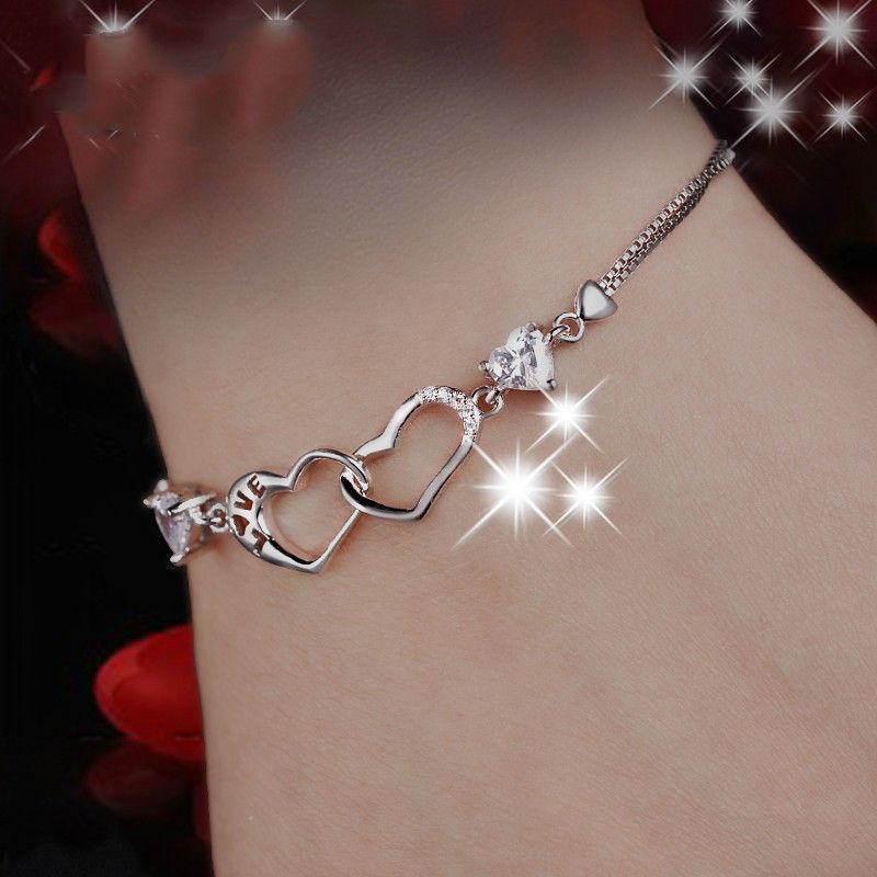 Bracelet Pour Femme En Argent Sterling 925 Avec Zircon Cubique À La Mode À Double Cœur