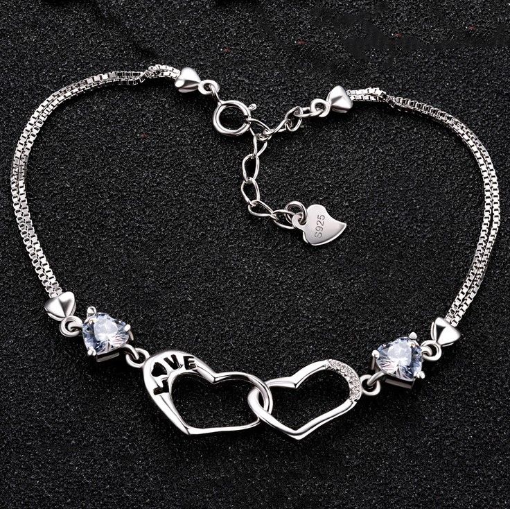 Bracelet Pour Femme En Argent Sterling 925 Avec Zircon Cubique À La Mode À Double Cœur