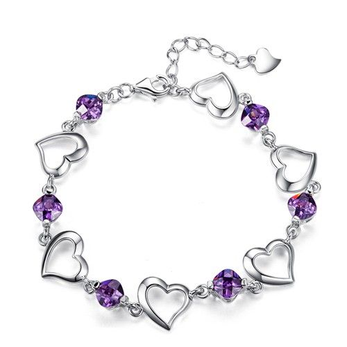 Bracelet En Forme De Coeur En Cristal Violet En Argent Sterling 925 Plaqué Or Blanc Pour Femme