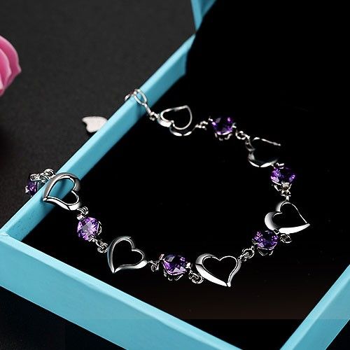 Bracelet En Forme De Coeur En Cristal Violet En Argent Sterling 925 Plaqué Or Blanc Pour Femme