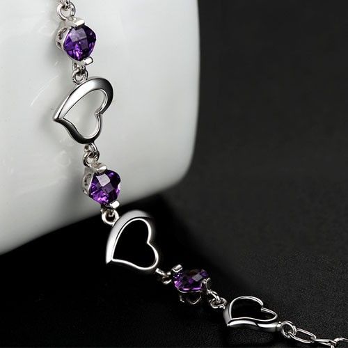 Bracelet En Forme De Coeur En Cristal Violet En Argent Sterling 925 Plaqué Or Blanc Pour Femme