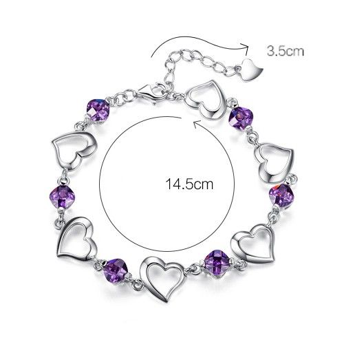 Bracelet En Forme De Coeur En Cristal Violet En Argent Sterling 925 Plaqué Or Blanc Pour Femme