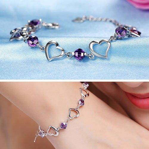 Bracelet En Forme De Coeur En Cristal Violet En Argent Sterling 925 Plaqué Or Blanc Pour Femme