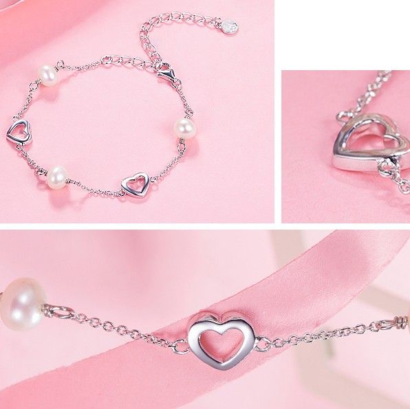 Bracelet De Perles De Connexion Coeur Creux En Argent 925 Simple Fashion