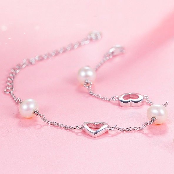 Bracelet De Perles De Connexion Coeur Creux En Argent 925 Simple Fashion