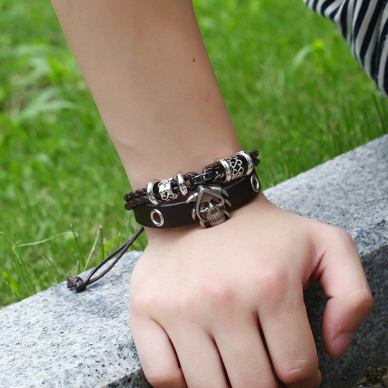 Bracelet Réglable En Cuir De Vache Avec Breloque Tête De Mort Pour Homme