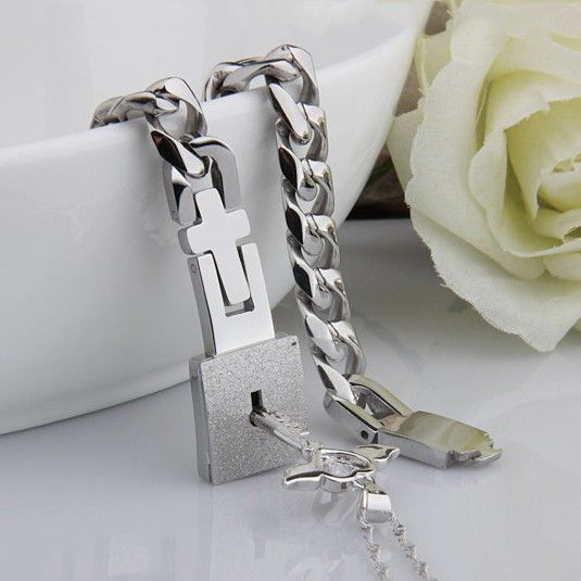 Bracelet En Titane Romantique Et Collier Clé Coeur D'ange En Argent Sterling Pour Couple