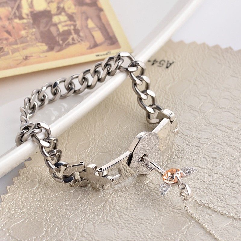 Bracelet En Titane Romantique Et Collier Clé Coeur D'ange En Argent Sterling Pour Couple