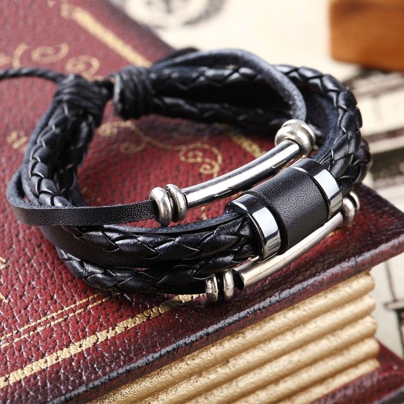 Corde Et Ceinture En Cuir De Bovin Tressé Cool Avec Bracelet D'homme Décorations En Alliage