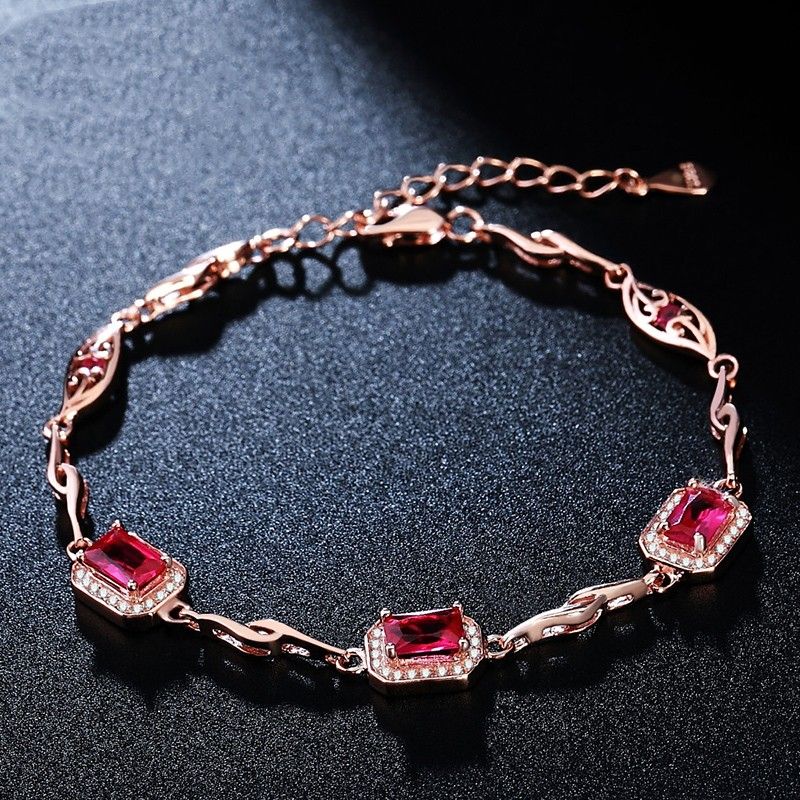 Nouveau Bracelet En Corindon Rouge Incrusté D'or Rose Plaqué En Argent Sterling 925