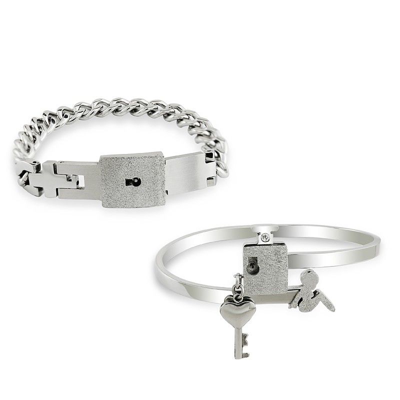 Nouveau Design Romantique Polonais Terne Pour Toujours Love Lock & Key Lover's Titanium Bracelets (prix Pour Une Paire)