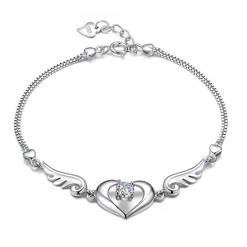 Vente Chaude Cœur Découpé Avec Cristal Solitaire Et Ailes Bracelet En Argent Sterling Pour Femme